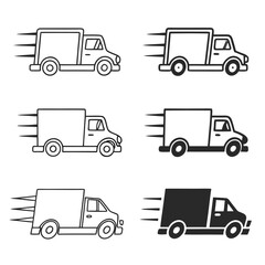Six delivery truck line drawings convey speed and motion on a white background
