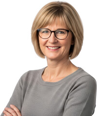 Fototapeta premium Smiling woman with blonde bob haircut wearing glasses and a gray sweater with crossed arms