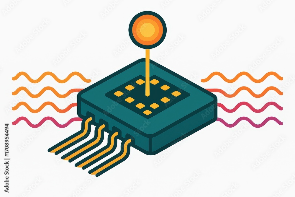 Poster ingenious microchip design illustrating cutting-edge technology with abstract signal waves indicatin