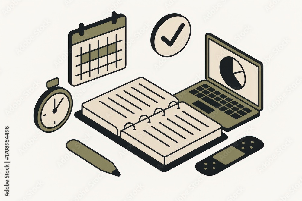 Aufkleber conceptual workspace arrangement featuring a planner calendar clock and laptop displaying analytical
