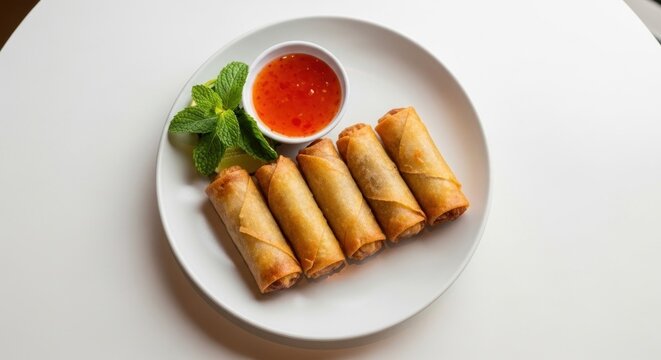 Golden-brown spring rolls arranged on a white plate, accompanied by a small bowl of red dipping sauce and fresh mint leaves, present a simple yet appealing culinary scene.