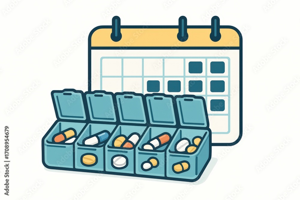 Poster organized medication management system with color-coded pill boxes next to a calendar for effective 
