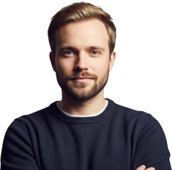 Fototapeta premium Portrait of a smiling man with blond hair and a beard wearing a dark blue sweater arms crossed