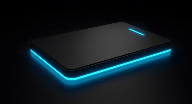 Sleek black rectangular device with glowing blue edges and a top indicator light rests on a dark reflective surface