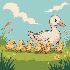 Mother duck with three ducklings silhouette vector