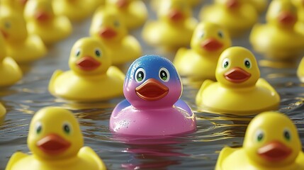 A Multicolored Rubber Duck Standing Out Among a Flock of Yellow Rubber Ducks Floating on Water