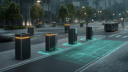 Smart city street with futuristic waste management bins and a holographic data map projected on the road.