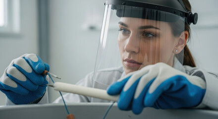 Focused female lab technician wearing safety face shield and gloves carefully using electrical measurement tool for precision testing in laboratory environment
