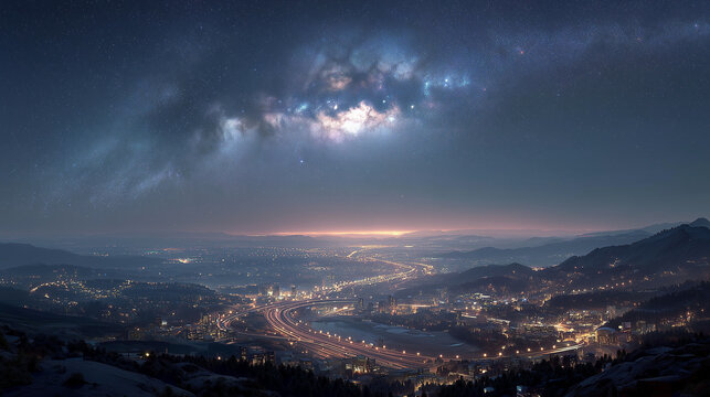 Aerial view of a sprawling city at night under a starry sky, showcasing reduced light pollution.