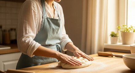 Woman in light apron kneading homemade bread dough with hands on wooden kitchen table in cozy sunlit interior near window with houseplants