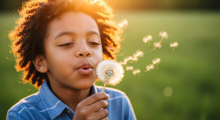 Curly haired child blowing dandelion seeds outdoors during golden hour, enjoying nature and fresh air in a sunny green meadow