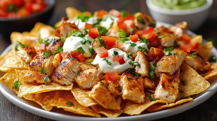 Plate of Chicken Nachos Topped with Sour Cream, Tomatoes and Cilantro