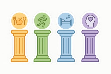 A comprehensive representation of wellness pillars illustrating nutrition physical activity restorative sleep and mental clarity emphasizing holistic health principles and balanced living
