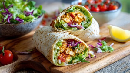Delicious chicken wrap recipe with fresh salad and lemon on wooden board for healthy lunch ideas and meal prep