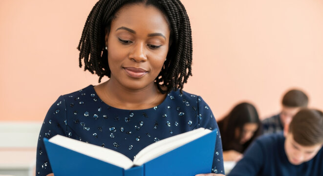 Focused educator engaging with book in classroom as students study at desks in background confident teacher demonstrates dedication to learning and development in academic environment - Powered by Adobe