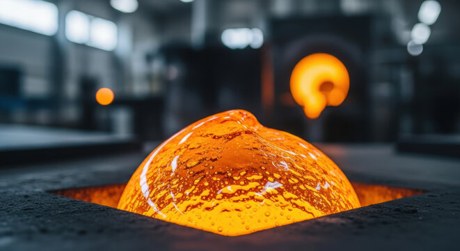 Molten glass glowing in factory workshop as liquid dome is shaped under intense heat with industrial furnace in soft focus background, demonstrating modern glassmaking process