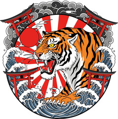 Japanese tiger tattoo art with torii gates and waves.