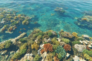 Vibrant coral reef teeming with fish in clear turquoise water
