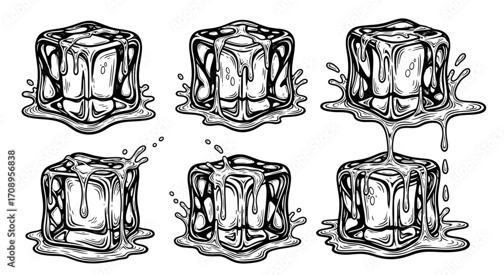 Poster six ice cubes with melting effect and splashes in a row on a white plane surface illustration