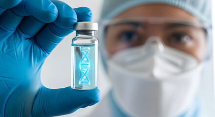 Scientist holding vial with glowing DNA helix, representing gene therapy, medical innovation, and scientific research