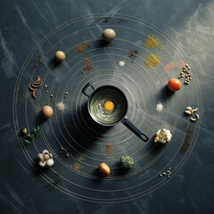 Egg in frying pan with ingredients arranged in circle.