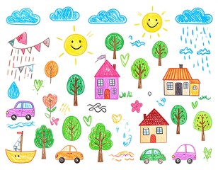 Colorful child's drawings of houses, trees, sun, clouds