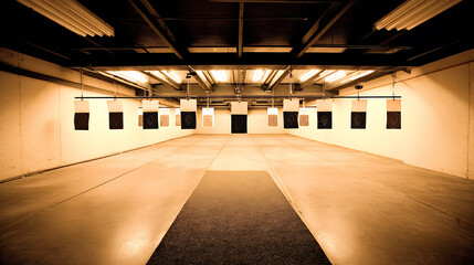 Indoor shooting range with targets aligned along the walls under overhead lighting