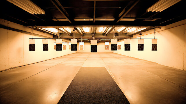 Indoor shooting range with targets aligned along the walls under overhead lighting