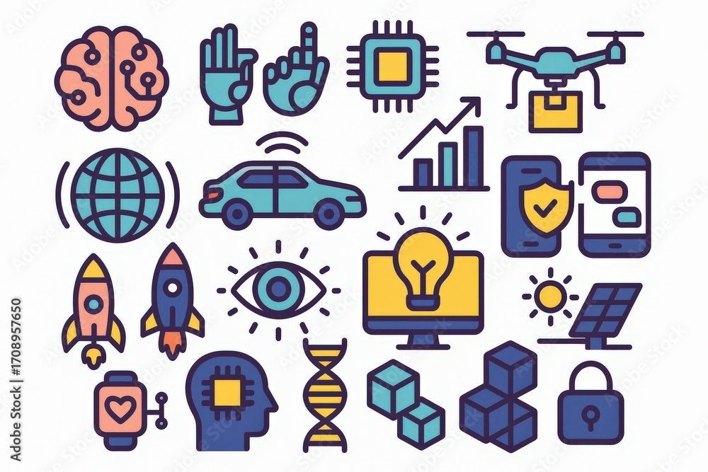 Poster exploring the intersection of innovation and connectivity through iconic illustrations representing 
