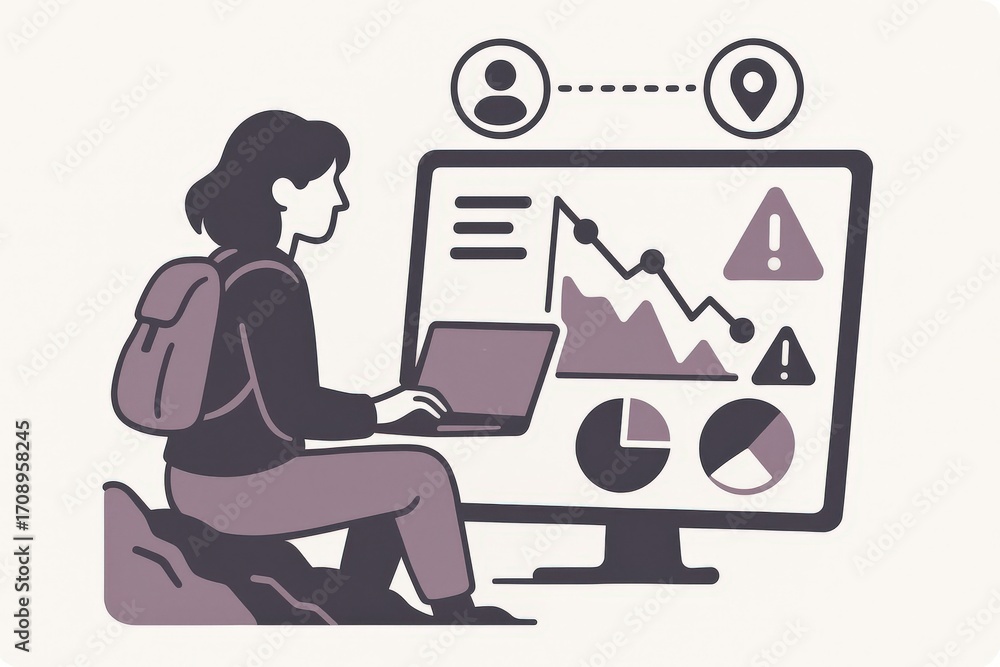 Poster individual engaging with data visualization on a computer screen emphasizing analytics trends presen