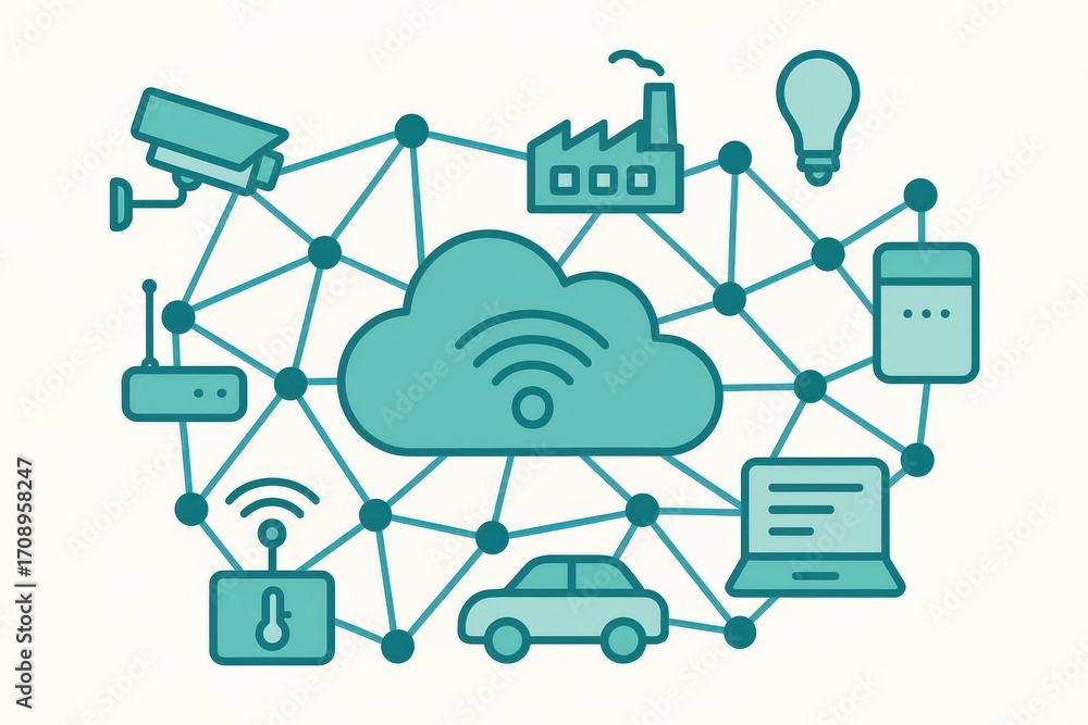 Poster visual representation of interconnected technology showcasing cloud computing bringing together smar