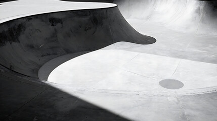 Empty concrete skatepark bowl with smooth curves and shadows under natural light