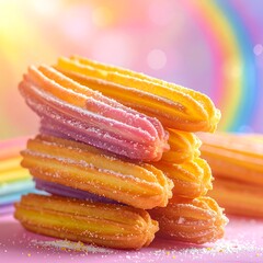 Colorful churros stacked on a pink surface