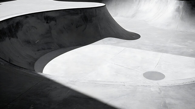 Empty concrete skatepark bowl with smooth curves and shadows under natural light - Powered by Adobe
