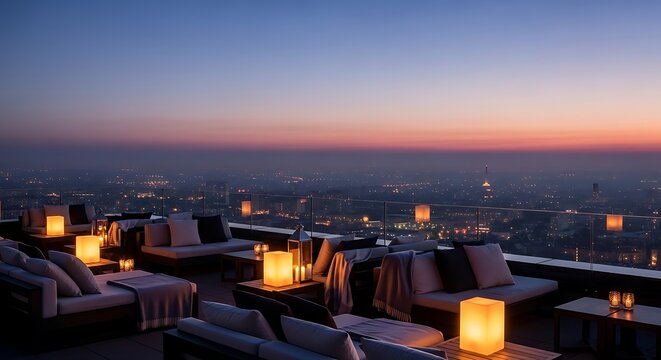Rooftop bar lounge area with city skyline view at dusk