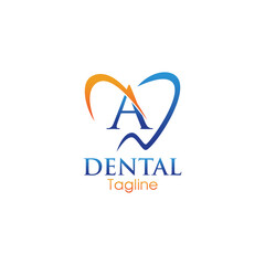 Modern dental logo featuring a stylized letter &ldquo;A&rdquo; inside a heart-shaped tooth outline, combining blue and orange for a professional and friendly appeal.