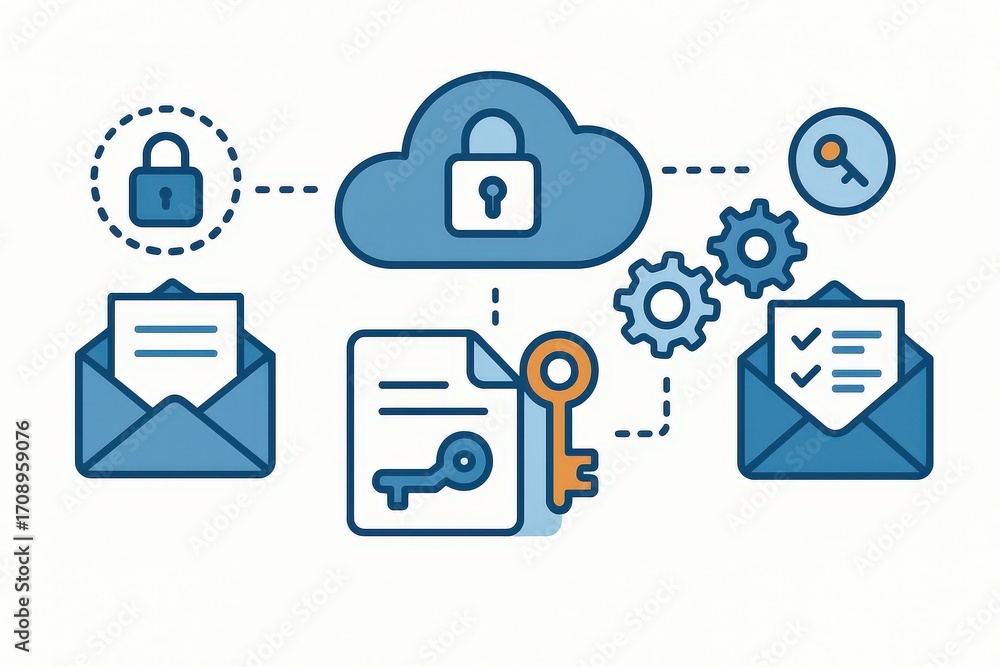 Poster digital security concept showcasing locked cloud storage processes involving encrypted emails, keys,