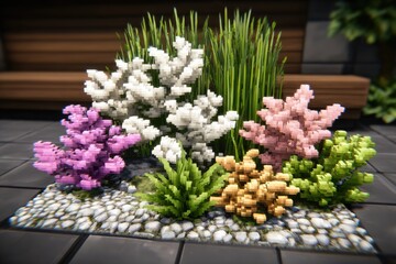 Pixelated garden bed with various colorful plants
