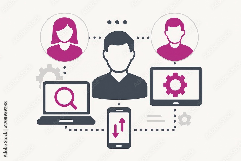 Poster Engaging interconnected digital workflow depicting diverse user interactions technology influences personal productivity fostering collaborative aspirations nurturing creativity in a dynamic