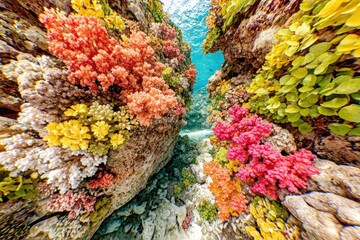 Colorful coral reef teeming with life, vibrant hues of coral, underwater scene