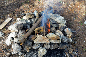 campfire, Burning firewood in campfire surrounded with stones in a camping area in forest. camping concept background or surface. heating idea. flames and ashes