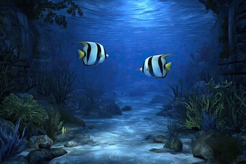 Two fish swim in an underwater canyon