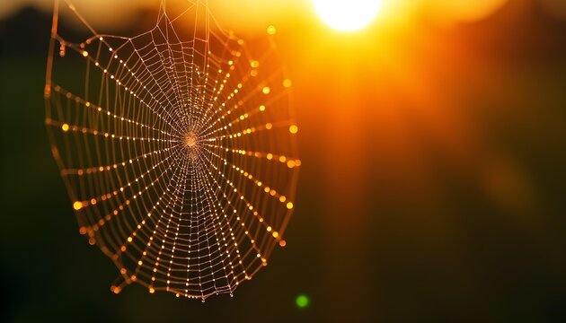 Precision of Nature's Geometry: Sunrise Dew-Kissed Spider Web