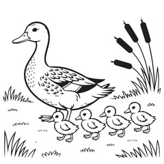 Duck family walking in a line black and white silhouette