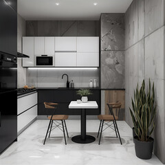 A sleek kitchen with black cabinets and a small white dining table, complemented by concrete walls and marble floors.