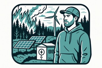 Thoughtful individual contemplating environmental challenges amidst renewable energy technology showcasing solar panels and wind turbines with surrounding wilderness threatened by climate change