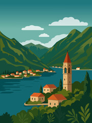 Montenegro, scenic coastal village with mountains and church tower vector, vector illustration