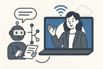 Engaging conversation between a digital assistant and a business professional on a video call symbolizing technology and human connection in a modern workspace atmosphere