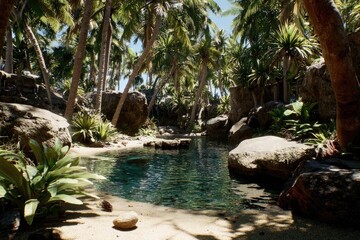 Lush tropical cove, sunlight filters through palm trees