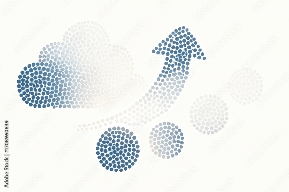 Poster abstract representation of growth and innovation with dotted pattern forming clouds and arrows in a 